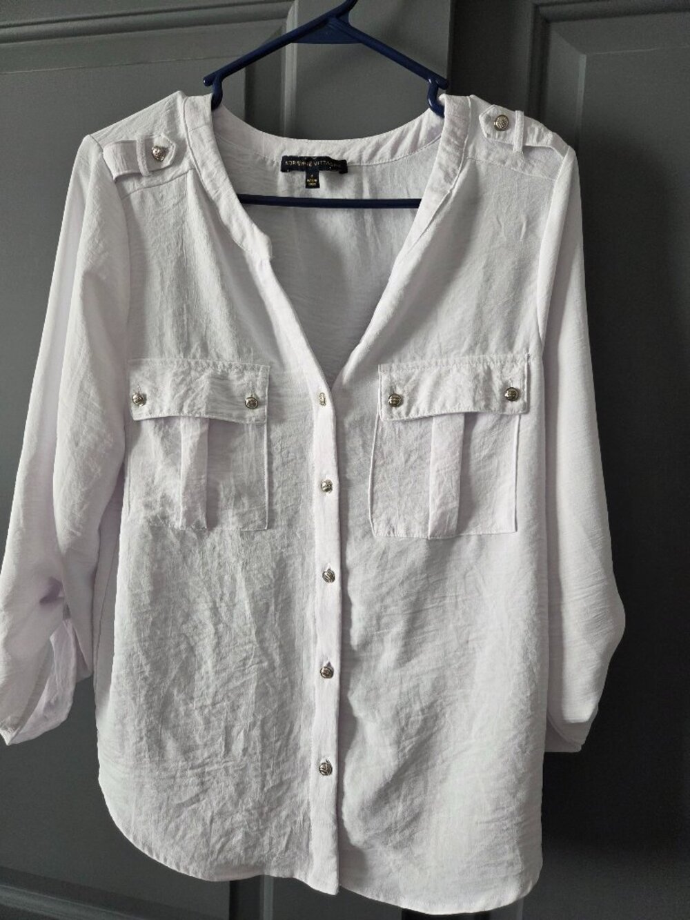 Adrienne Vittadini L White Button Down Blouse 3/4 Sleeve
